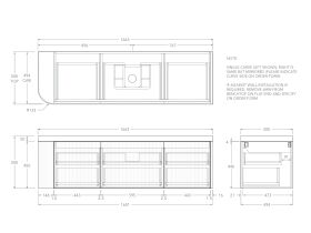 Technical Drawing - Kado Neue Fluted Single Curve All Drawer 1650mm Wall Hung Vanity with Centre Basin Durasein 50mm Top