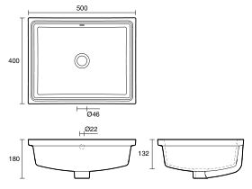 Technical Drawing - Kado Lux Rectangle Under Counter Basin 500mm x 400mm Overflow White