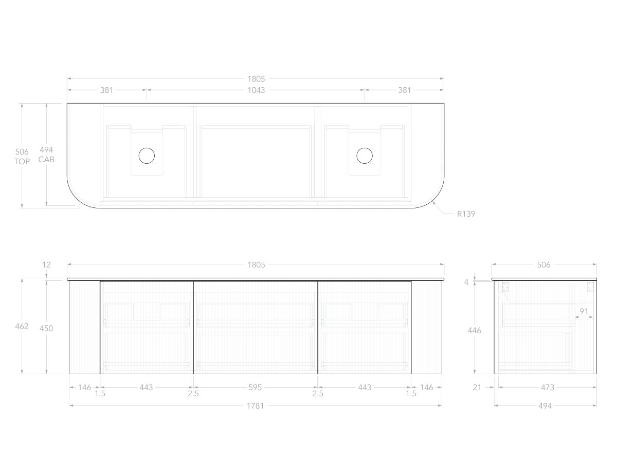 Technical Drawing - Kado Neue Fluted Double Curve All Drawer 1800 Wall Hung Vanity With Double Basin Durasein 12mm Top