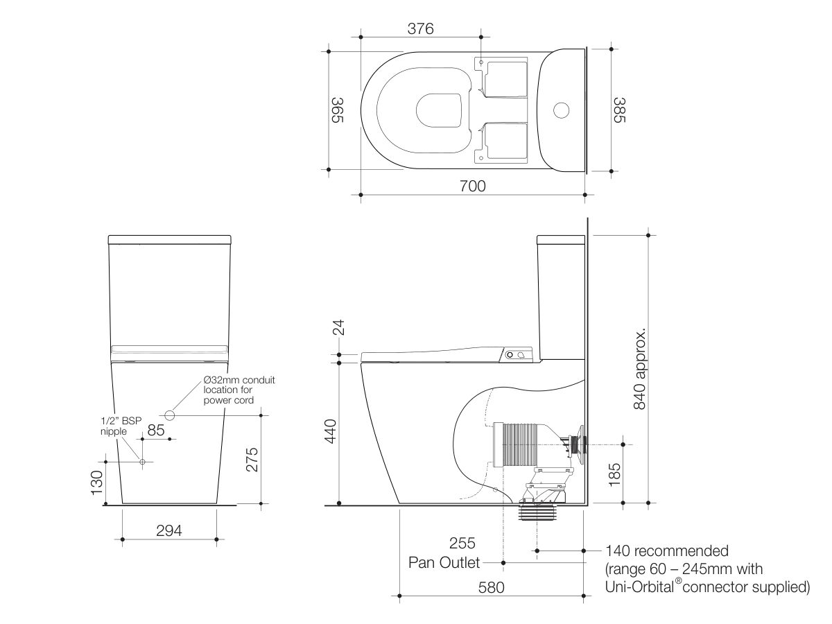 Technical Drawing - Caroma Forma II Bidet Cleanflush Close Coupled Back to Wall Bottom Inlet Overheight Toilet Suite Gloss White (4 Star)