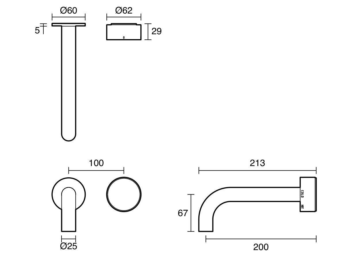 Technical Drawing - Sussex Pure Elemental Progressive Wall Basin Mixer System 200mm (3 Star) Lead Free