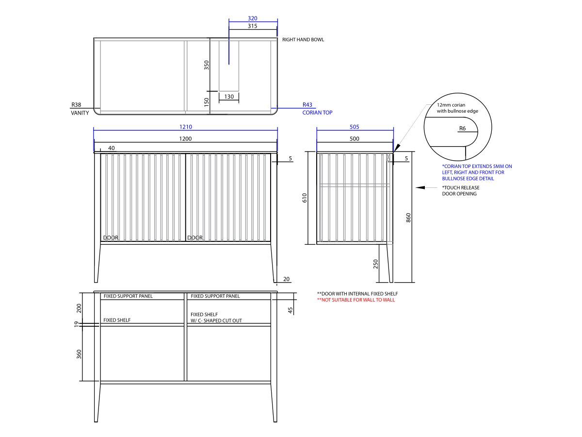 ISSY Cloud I 1200mm x 500mm x 860mm Vanity Unit with Legs 2 Touch Latch Doors Semi Inset (No Basin)