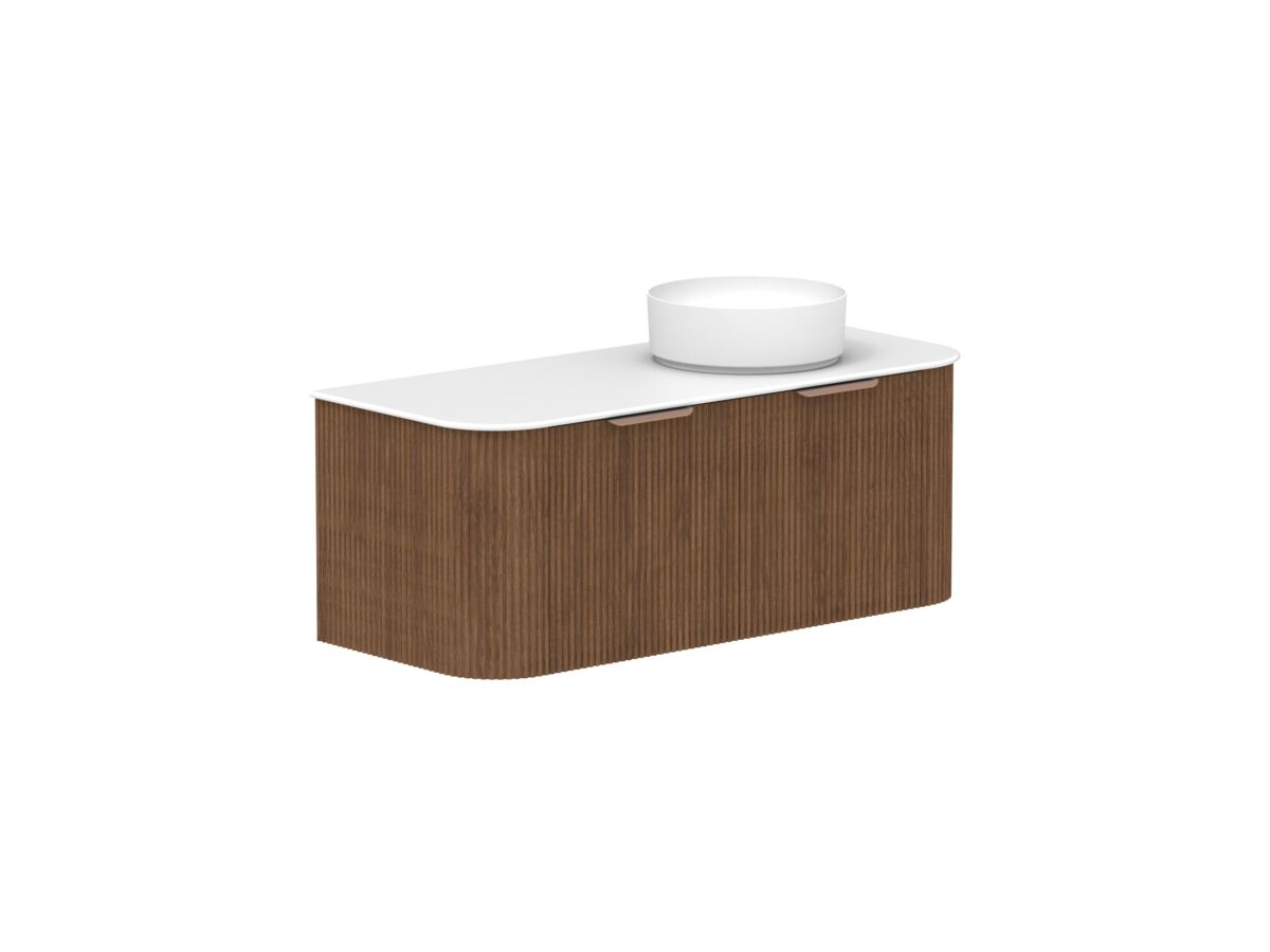Supporting Image - Kado Neue Fluted Double Curve All Drawer 1200 Wall Hung Vanity with Right Hand Basin Durasein 12mm Top Florentine Walnut