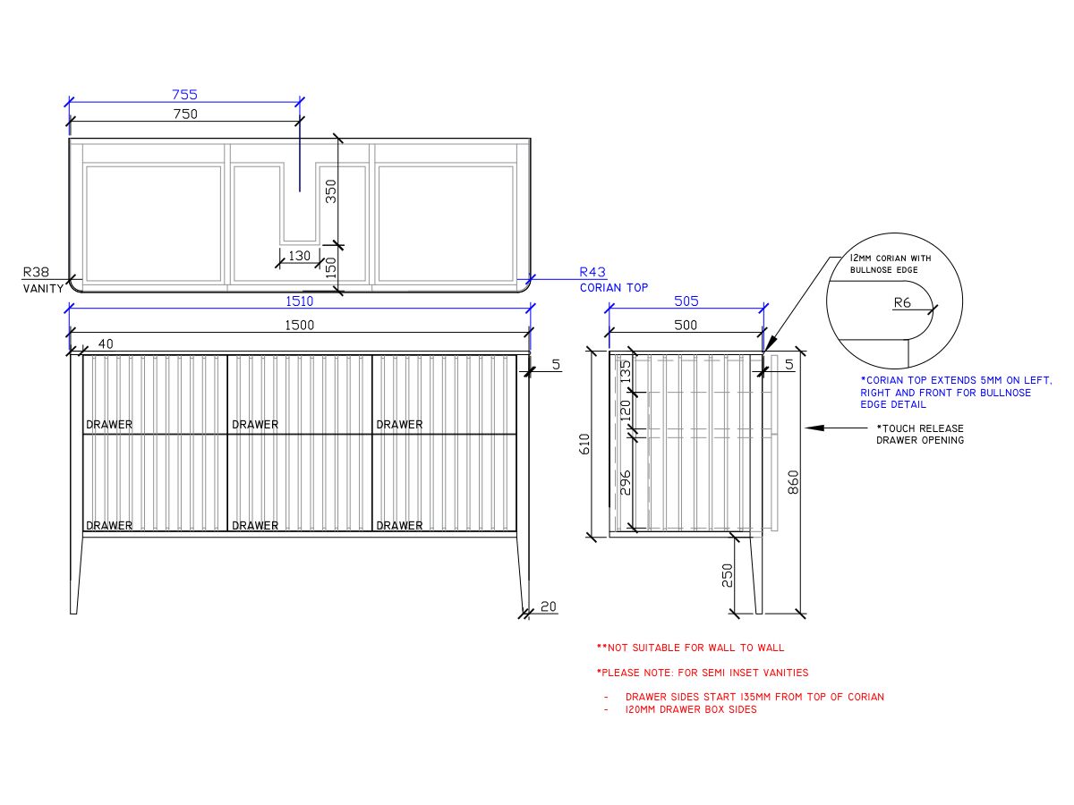 ISSY Cloud II 1500mm x 500mm x 860mm Vanity Unit with Legs 6 Touch Latch Drawers Semi Inset (No Basin)