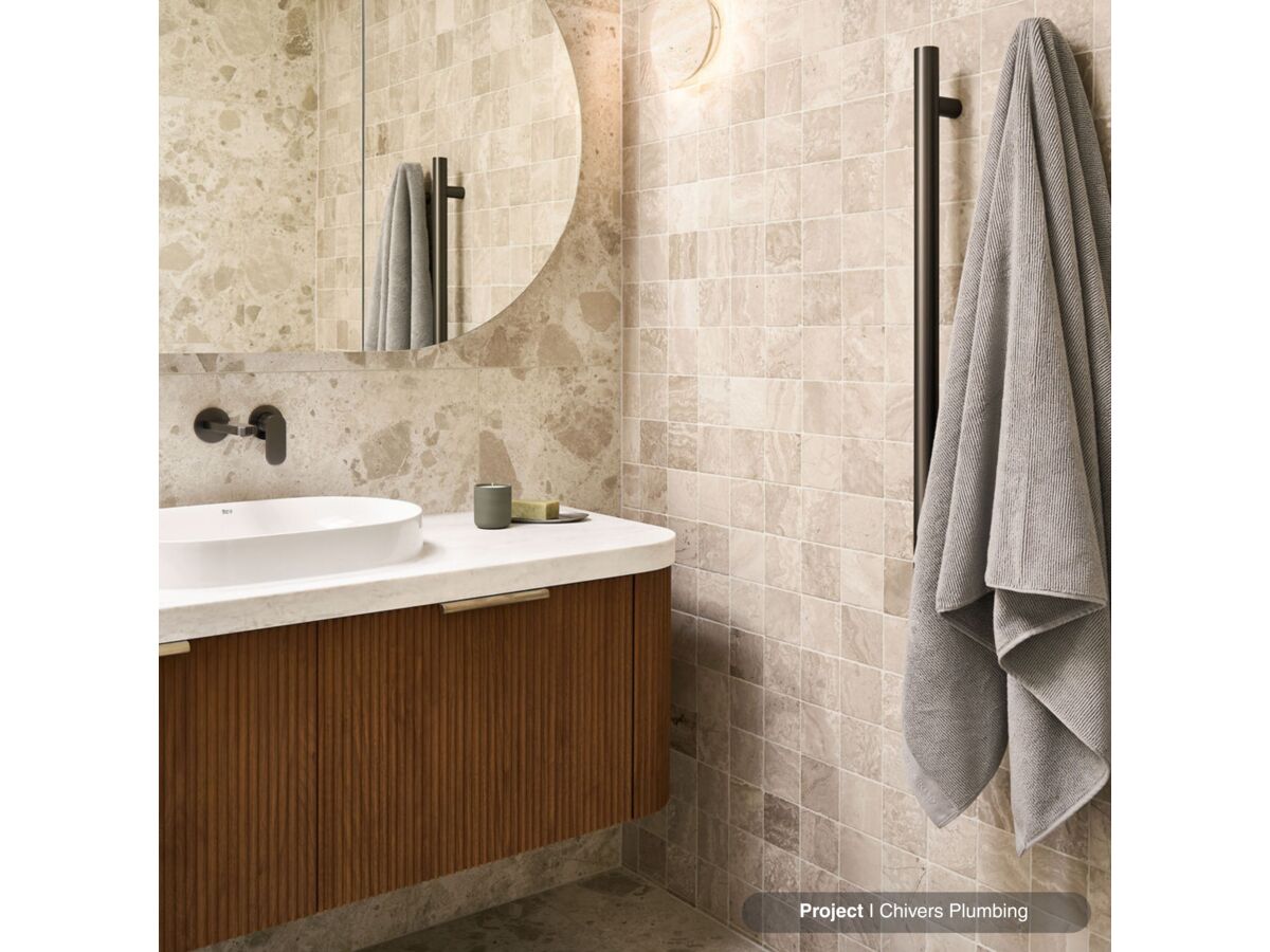 In Situ - Chivers Plumbing - Kado Neue Fluted Double Curve 1200mm Vanity, Roca Inspira Round Oval Semi Inset Basin and Mizu Soothe MK2 Brushed Gunmetal Tapware and Accessories