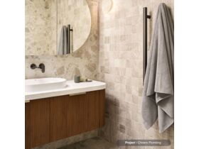 In Situ - Chivers Plumbing - Kado Neue Fluted Double Curve 1200mm Vanity, Roca Inspira Round Oval Semi Inset Basin and Mizu Soothe MK2 Brushed Gunmetal Tapware and Accessories