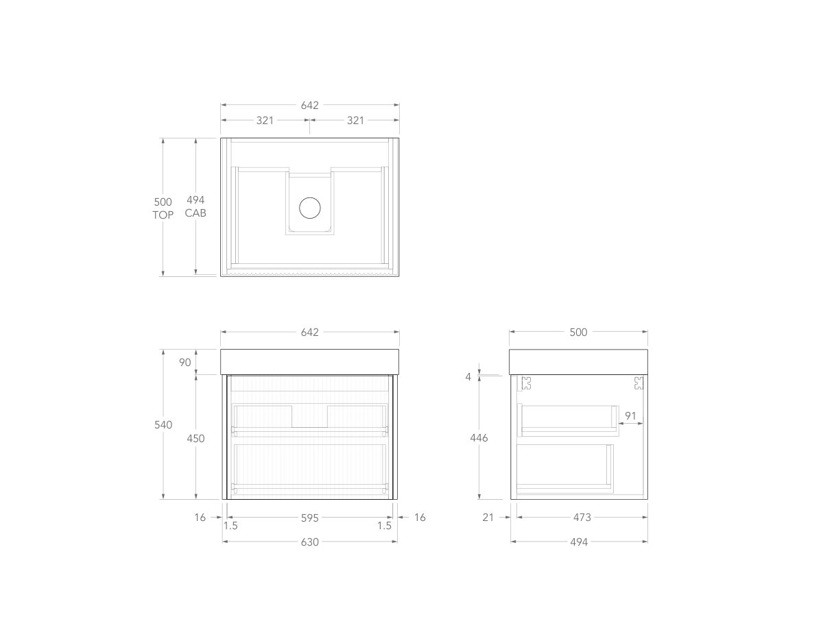 Technical Drawing - Kado Neue Fluted Square All Drawer 600mm Wall Hung Vanity with Centre Basin 90mm Top