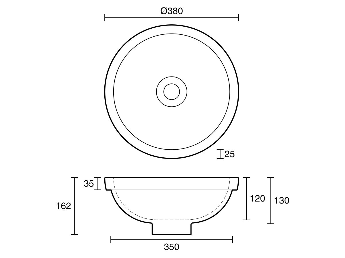 Technical Drawing - Omvivo Villa Round Semi Inset Basin 380mm