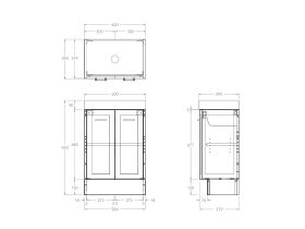 Technical Drawing - Kado Lux Ensuite All Door 600mm Floor Mount Centre Basin 90mm Top