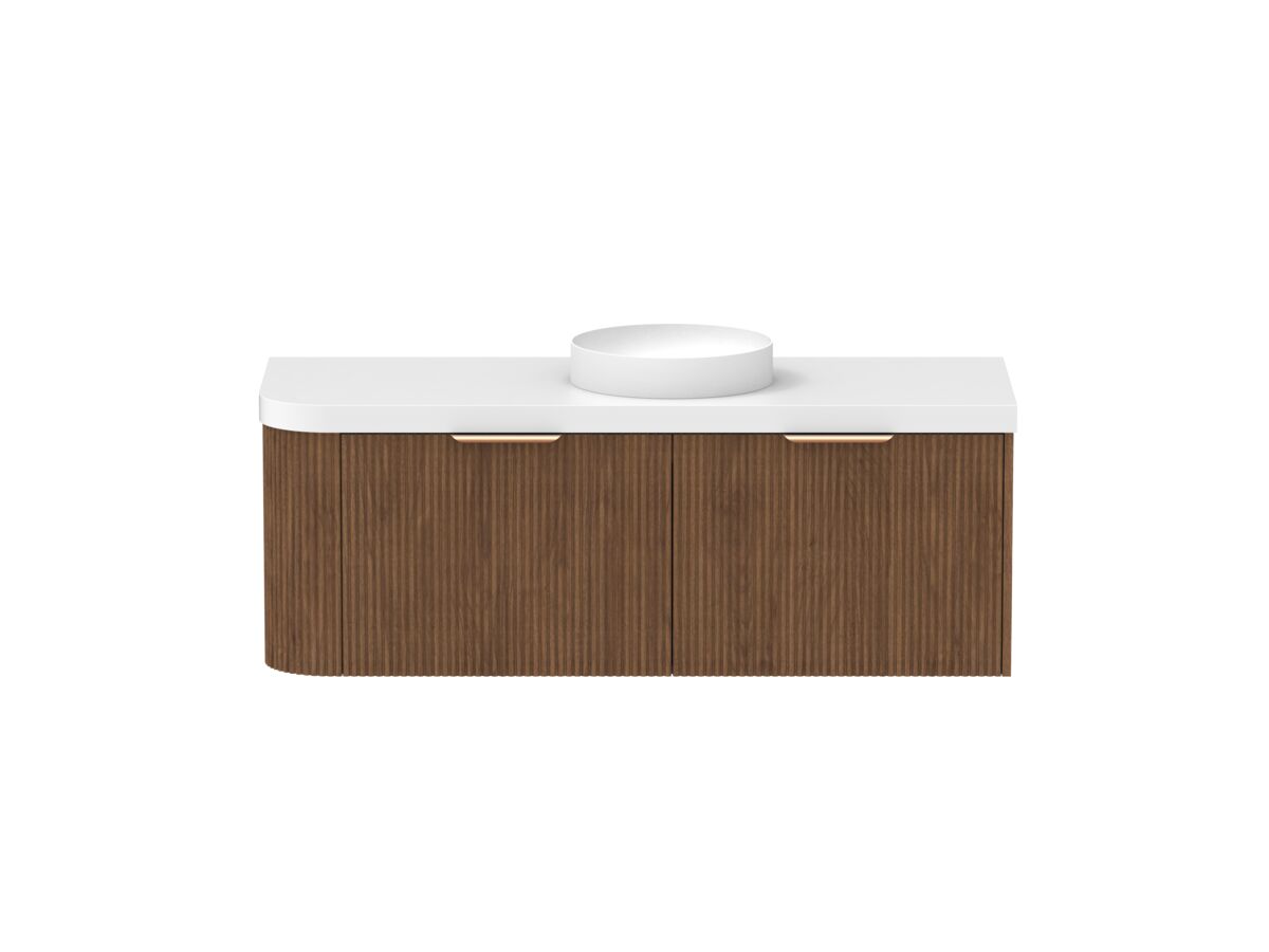 Supporting Image - Kado Neue Fluted Single Curve All Drawer 1350mm Wall Hung Vanity with Centre Basin Durasein 50mm Top Florentine Walnut