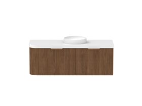 Supporting Image - Kado Neue Fluted Single Curve All Drawer 1350mm Wall Hung Vanity with Centre Basin Durasein 50mm Top Florentine Walnut