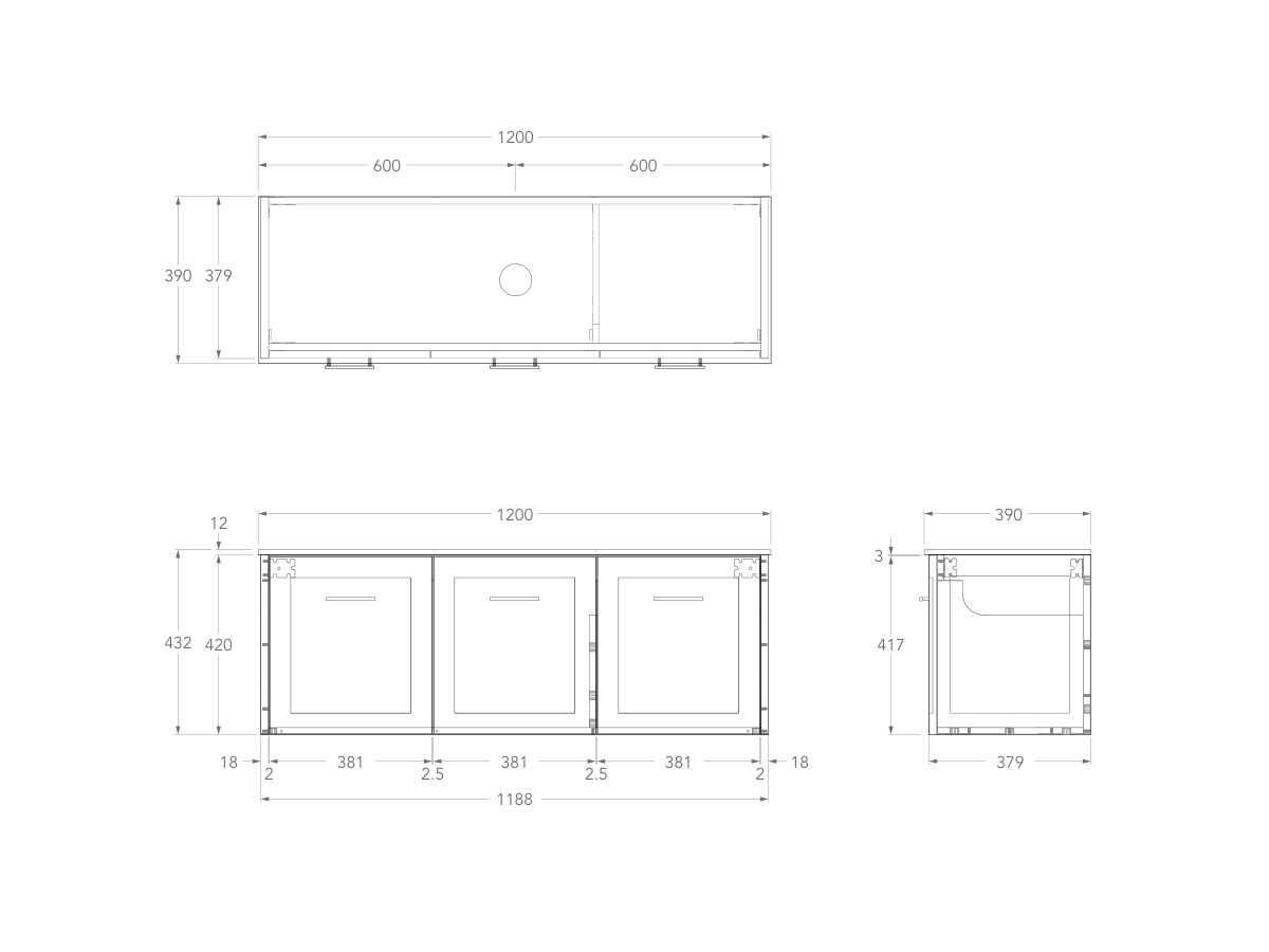 Technical Drawing - Kado Lux Ensuite All Door 1200mm Wall Hung Centre Basin 12mm Durasein Top