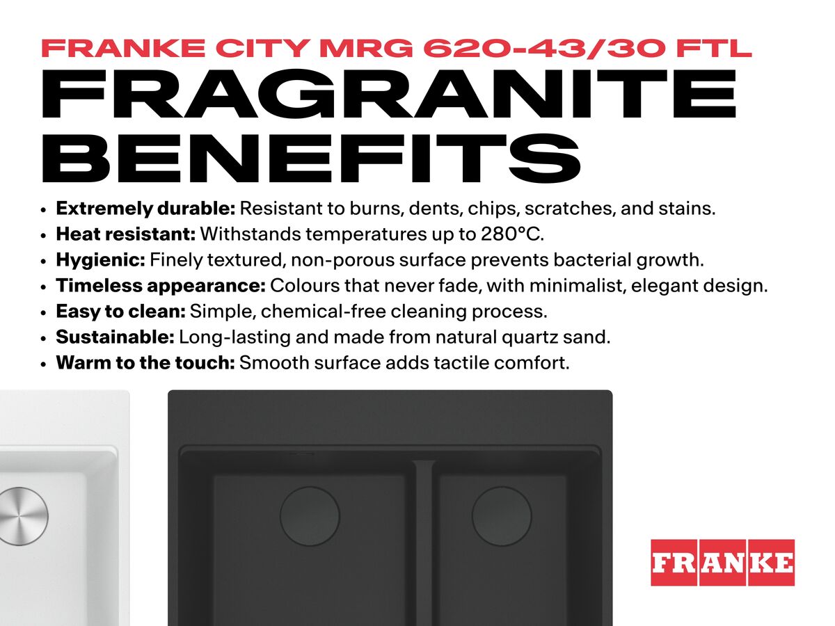 Franke City Fragranite 1.75 Bowl 430mm Bowl + 300mm Bowl Inset Sink with Low Divider and Tap Ledge Benefits