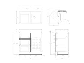 Technical Image - Posh Domaine Plus Hamper Trio 900 Floor Mounted Right Bowl 12mm Durasein Top