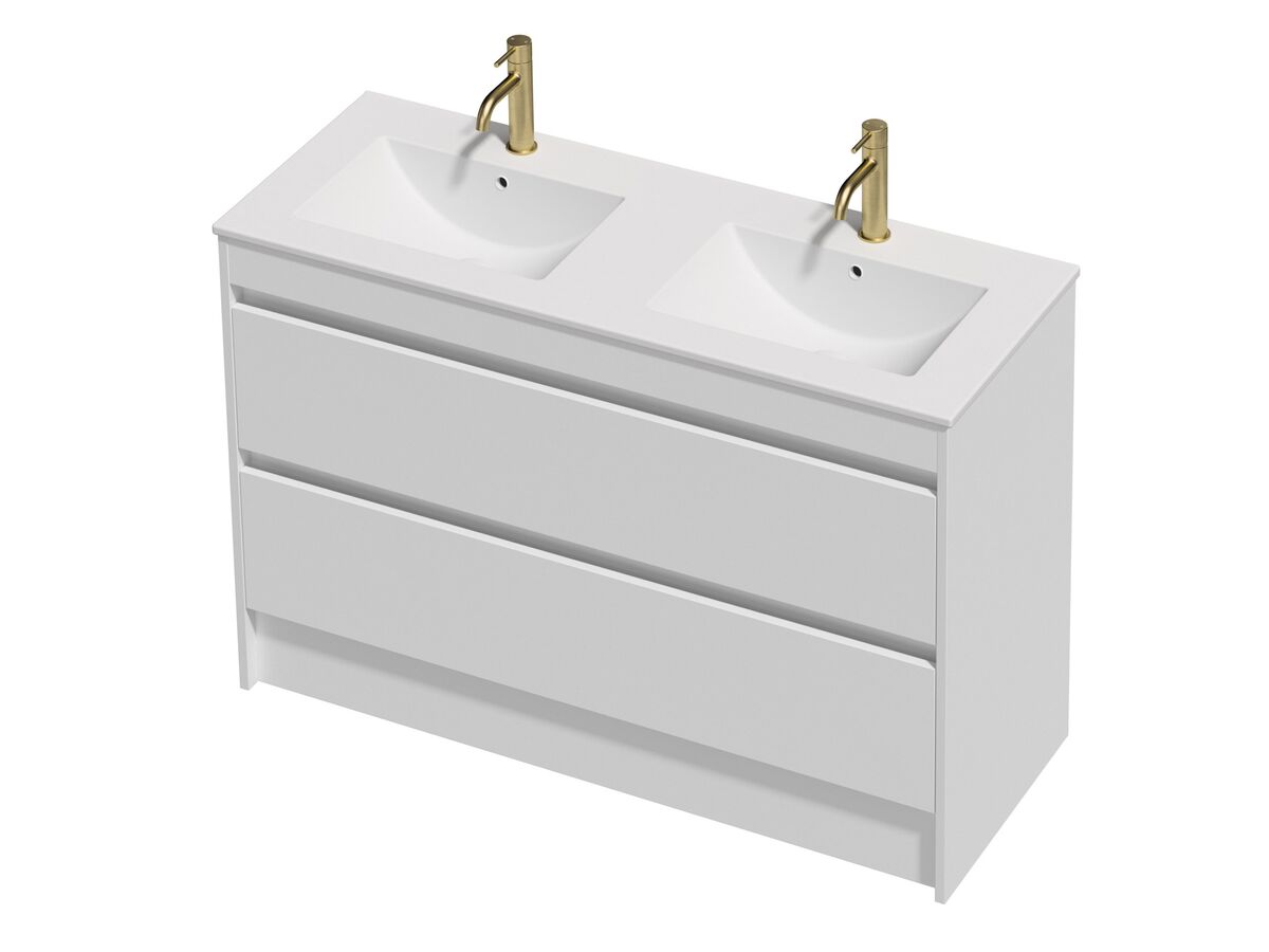 Posh Domaine Twin 1200 Double Bowl 2 Drawer Floor Standing White Console Top Matte White