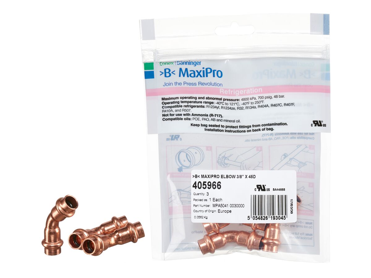 >B< Maxipro Elbow 45 Degree x 3/8" Bag of 3
