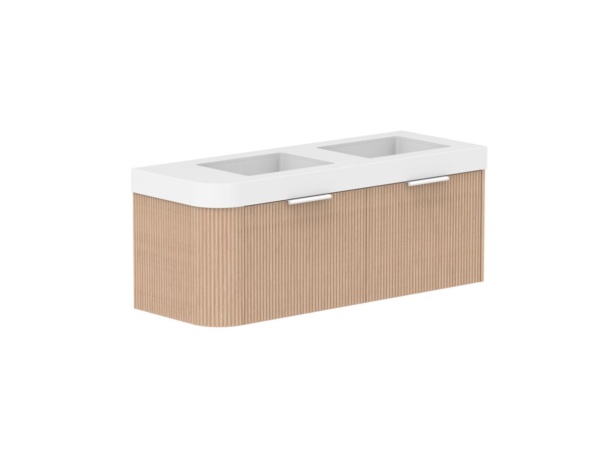 Supporting Image 2- Kado Neue Fluted Single Curve All Drawer 1350mm Wall Hung Vanity with Double Basin Durasein 90mm Top Blonde Oak