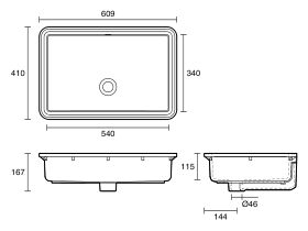 Technical Drawing - Roca Sofia Under Counter Basin 609mm X 410mm No Taphole with Overflow White