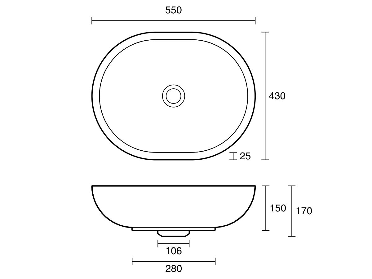 Technical_Drawing - Omvivo Villa Oval Above Counter Basin 550mm