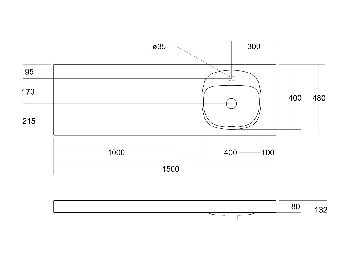 Kado Lussi 1500mm Single Right Hand Bowl Rear Shelf Wall Basin with Overflow 1 Taphole Matte White Solid Surface