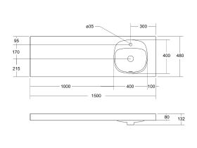Kado Lussi 1500mm Single Right Hand Bowl Rear Shelf Wall Basin with Overflow 1 Taphole Matte White Solid Surface
