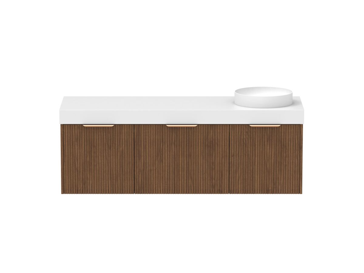 Supporting Image - Kado Neue Fluted Square All Drawer 1500mm Wall Hung Vanity with Right Hand Basin 90mm Top Florentine Walnut
