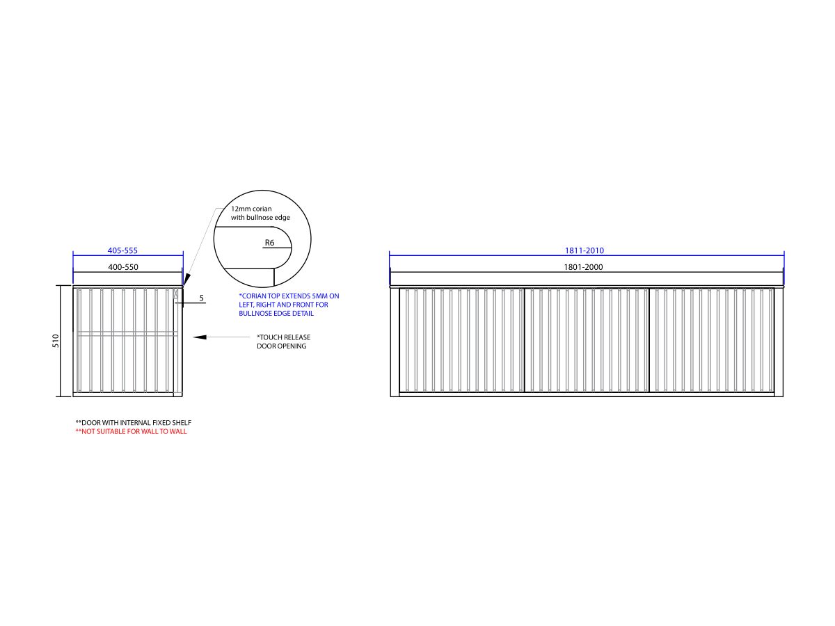 ISSY Custom Cloud I 1801-2000mm x 400-550mm x 510mm Wall Hung Vanity Unit 3 Touch Latch Doors (No Basin)