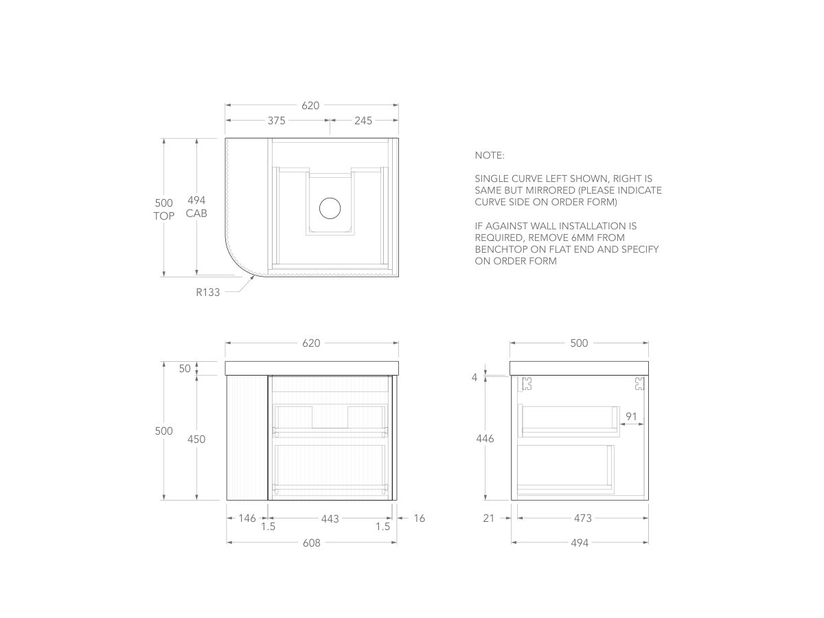 Technical Drawing - Kado Neue Fluted Single Curve All Drawer 600mm Wall Hung Vanity with Centre Basin Durasein 50mm Top