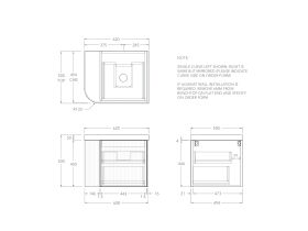 Technical Drawing - Kado Neue Fluted Single Curve All Drawer 600mm Wall Hung Vanity with Centre Basin Durasein 50mm Top