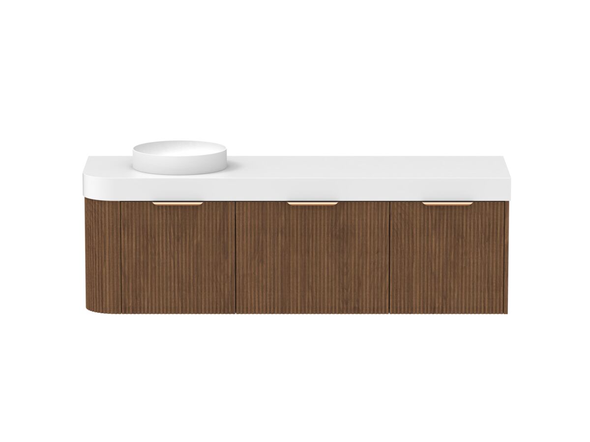 Supporting Image - Kado Neue Fluted Single Curve All Drawer 1650mm Wall Hung Vanity with Left Hand Basin Durasein 90mm Top Florentine Walnut
