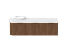Supporting Image - Kado Neue Fluted Single Curve All Drawer 1650mm Wall Hung Vanity with Left Hand Basin Durasein 90mm Top Florentine Walnut