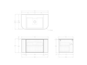 Technical Drawing - Kado Neue Fluted Double Curve All Drawer 900 Wall Hung Vanity with Centre Basin 20mm