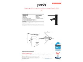 Specification Sheet - Posh Bristol Pin Basin Mixer Tap with Extended Lever Matte Black (5 Star) Lead Free