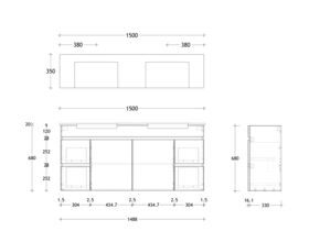 Technical Drawing - Posh Domaine Semi-Recessed 1500mm Wall Hung Vanity Double Basin 20mm Top