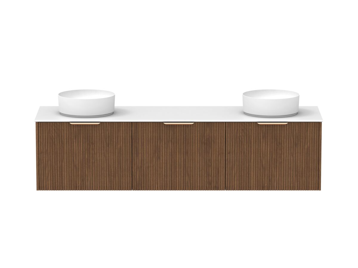 Supporting Image - Kado Neue Fluted Square All Drawer 1800mm Wall Hung Vanity with Double Basin Durasein 12mm Top Florentine Walnut