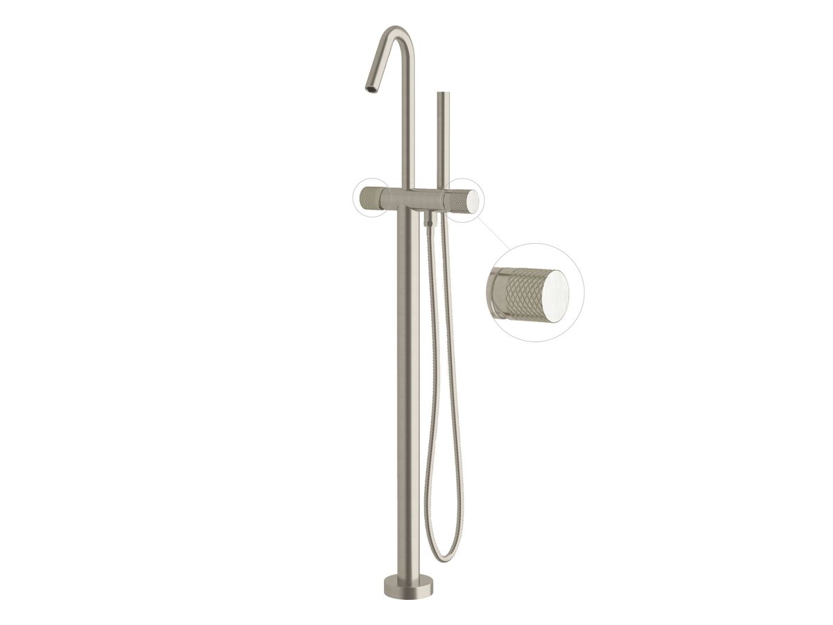 Sussex Pure Floor Mounted Bath Mixer Tap with Handshower and Diamond Textured Handle PVD Brushed Nickel (3 Star)