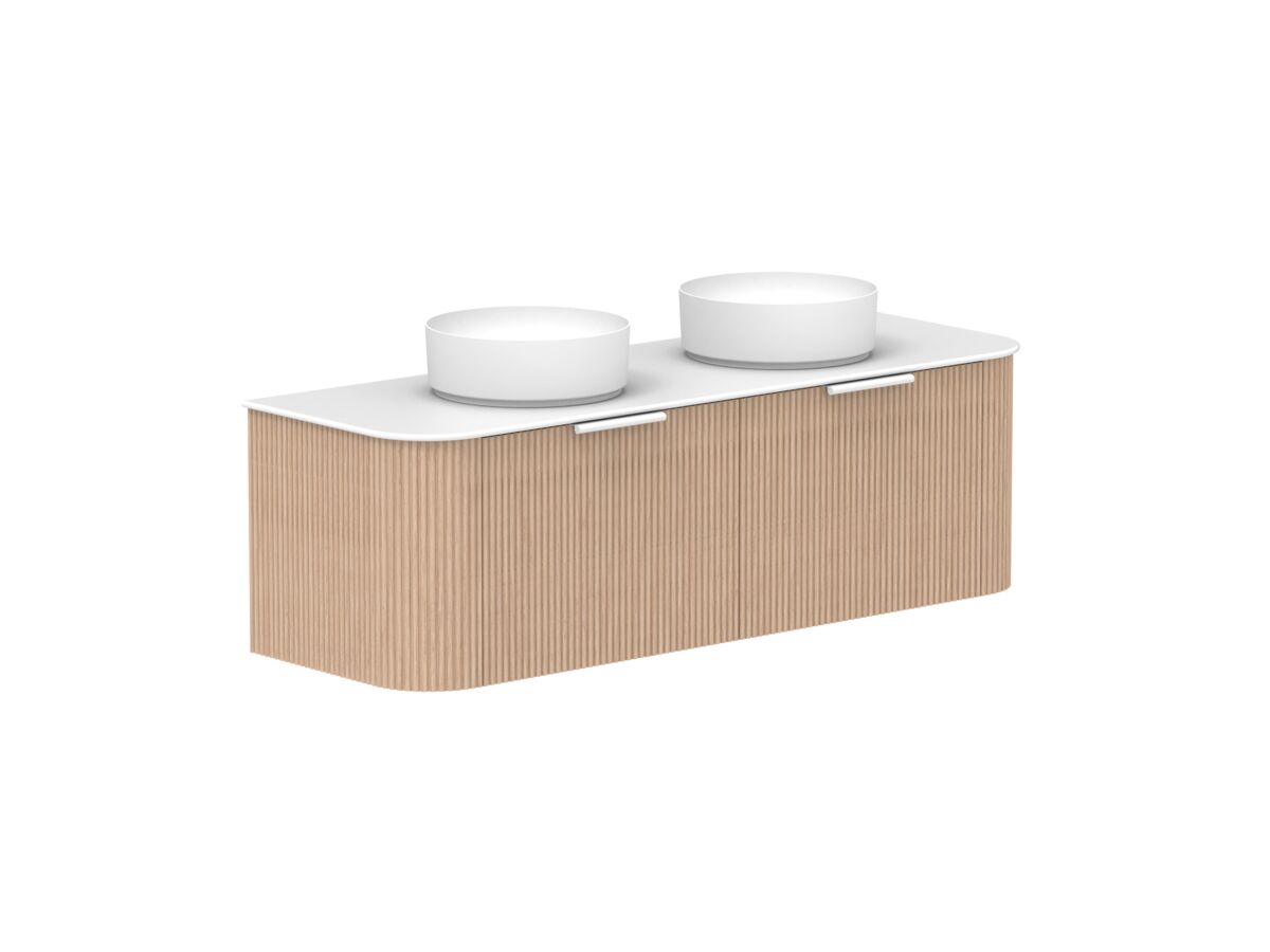 Supporting Image 2- Kado Neue Fluted Double Curve All Drawer 1500 Wall Hung Vanity With Double Basin Durasein 12mm Top Blonde Oak