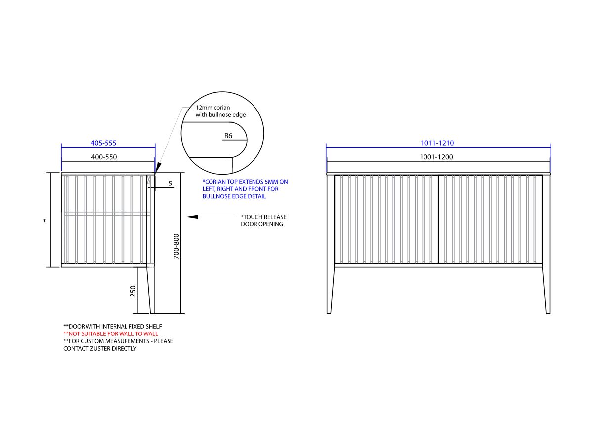ISSY Custom Cloud I 1001-1200mm x 400-550mm x 700-800mm Vanity Unit with Legs 2 Touch Latch Doors (No Basin)