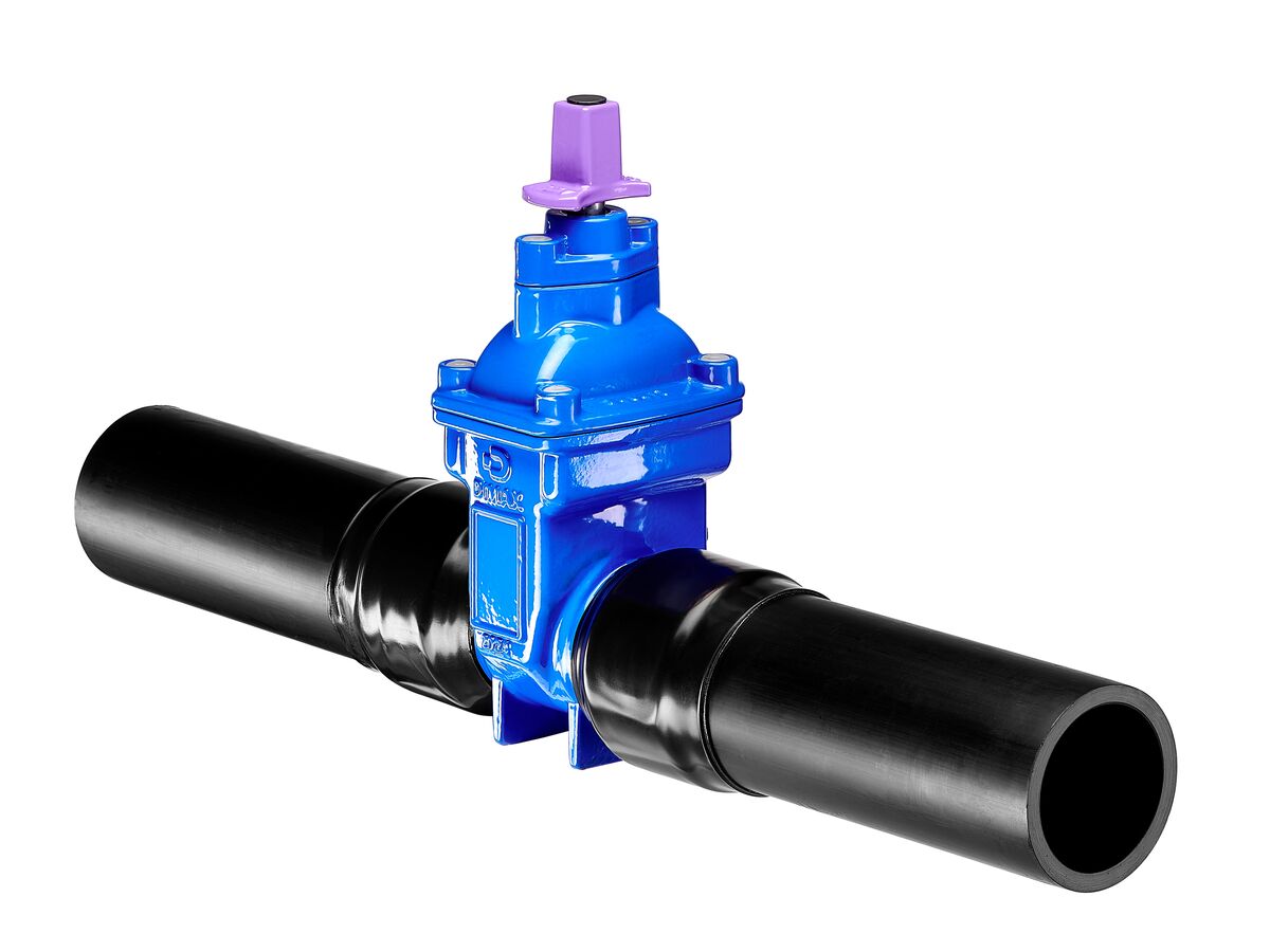Dimax Resilient Seated Gate Valve PN16 125mm SDR11 HDPE PE Tail 100mm Anti Clock Wise Close with Lilac Stem Cap and Black Plug