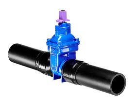 Dimax Resilient Seated Gate Valve PN16 125mm SDR11 HDPE PE Tail 100mm Anti Clock Wise Close with Lilac Stem Cap and Black Plug