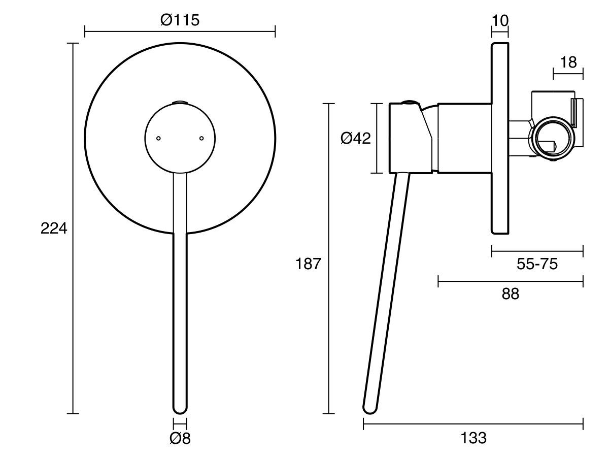 Technical Drawing - Posh Bristol Pin Shower Mixer Tap with Extended Lever Lead Free