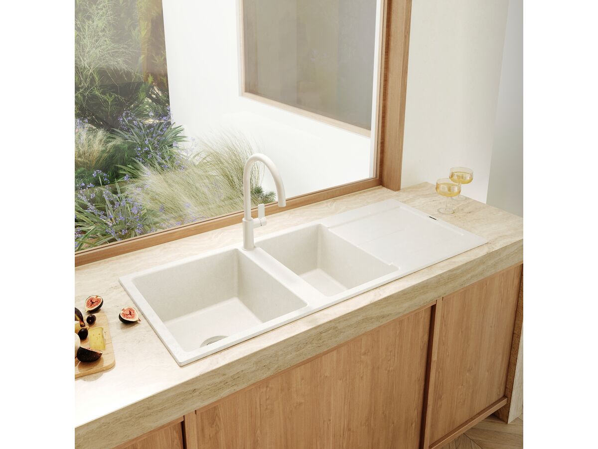 Memo Freya 1 3/4 Sink 1 Taphole Left Hand Bowl with Drainer Granite White