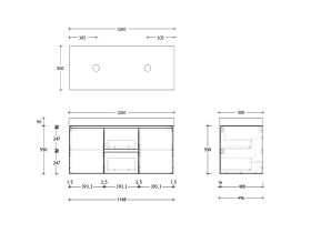 Technical Drawing - Posh Domaine 1200mm Wall Hung Vanity Unit Conventional Double Bowl 90mm Top