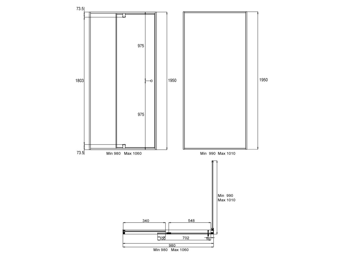 Creative Glass Semi-Framed Adjustable Front & Return tiles shower screen with pivot door - Height 1950 x Front 981-1060 x Return 990-1010. 6mm Clear toughened glass and Polished Silver frame.