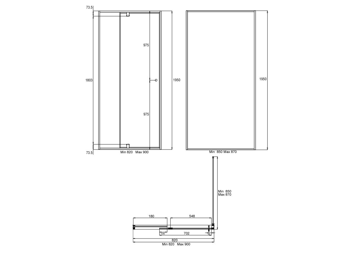Creative Glass Semi-Framed Front and Return shower screen with pivot door - Height 1950 x Front 820-900 x Return 850-870. 6mm Clear toughened glass and Polished Silver frame.