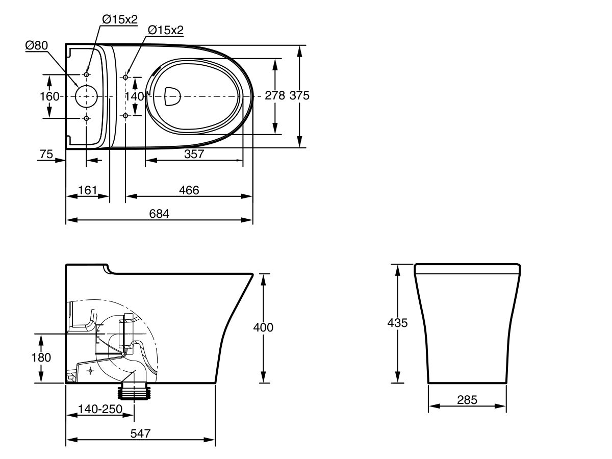 Technical Drawing - American Standard Signature Hygiene Rim Close Coupled Back to Wall Back Inlet Pan White (4 Star)