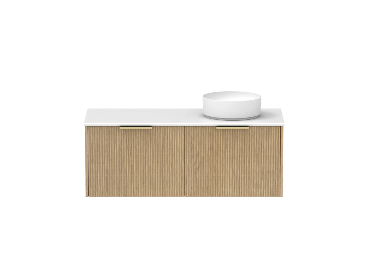 Supporting Image - Kado Neue Fluted Square All Drawer 1200mm Wall Hung Vanity with Right Hand Basin 20mm Top Boston Oak