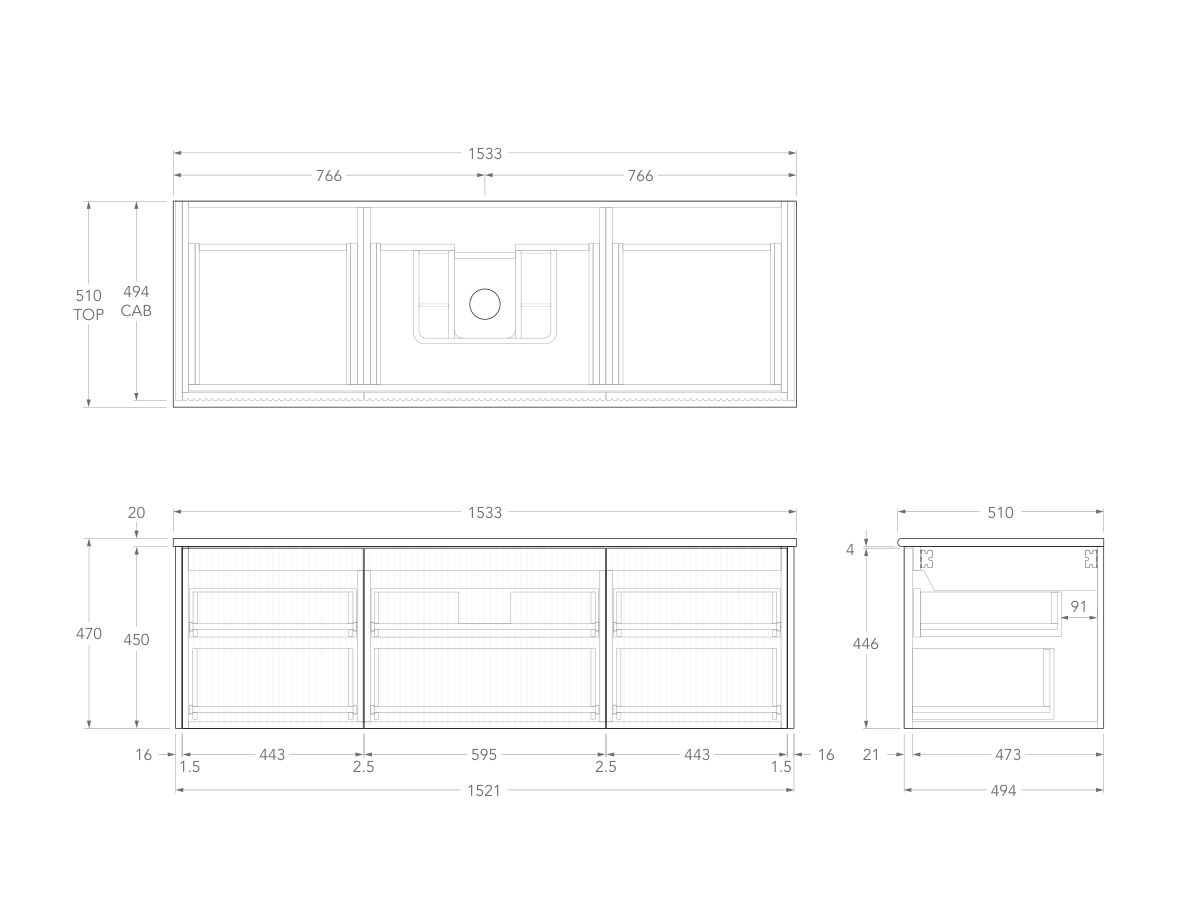 Technical Drawing - Kado Neue Fluted Square All Drawer 1500mm Wall Hung Vanity with Centre Basin 20mm Top