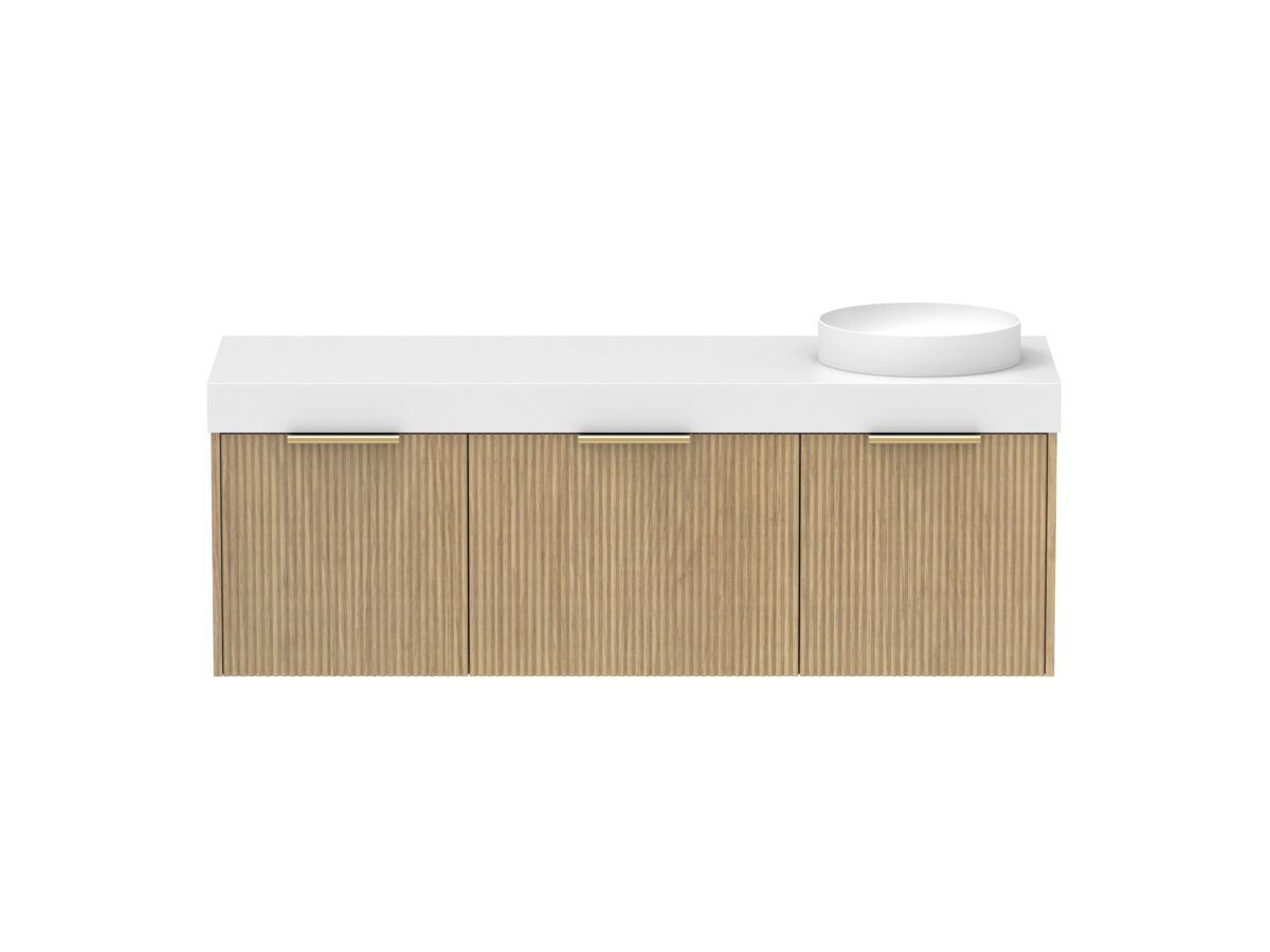 Supporting Image - Kado Neue Fluted Square All Drawer 1500mm Wall Hung Vanity with Right Hand Basin 90mm Top Boston Oak