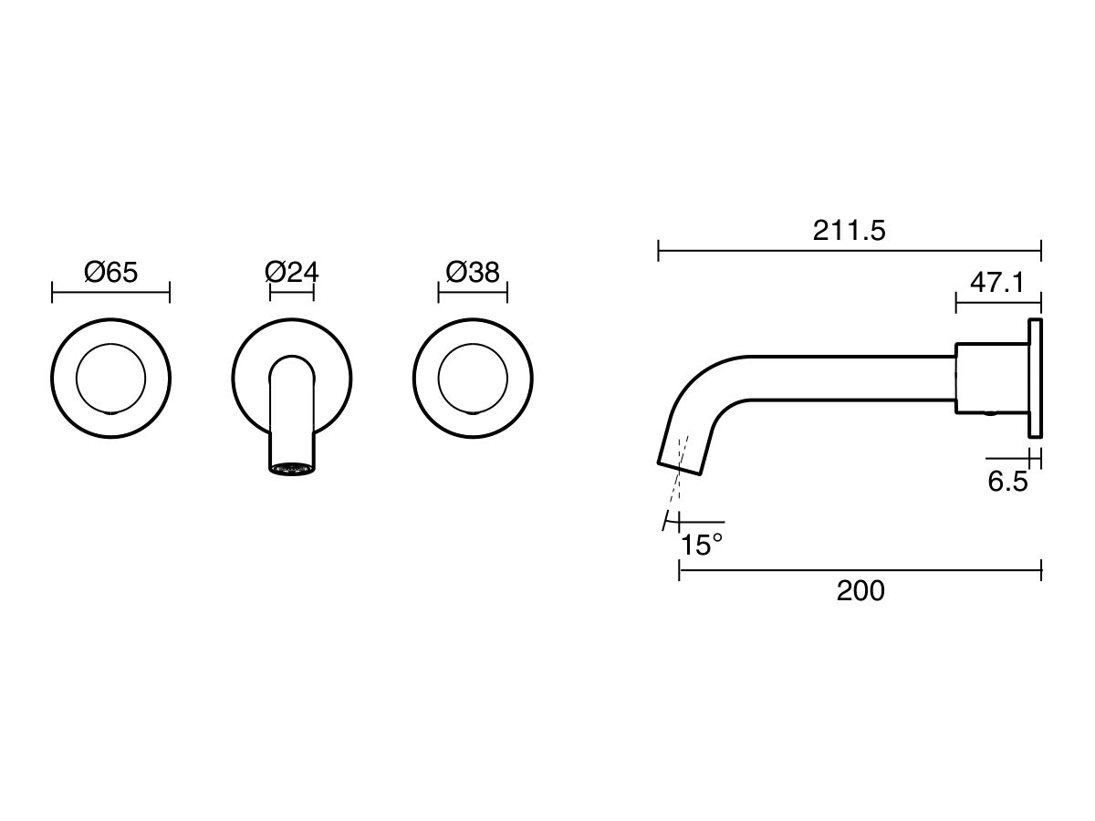 Technical Drawing - Mizu Drift Dial Wall Basin/Bath Set 200mm (6 Star)
